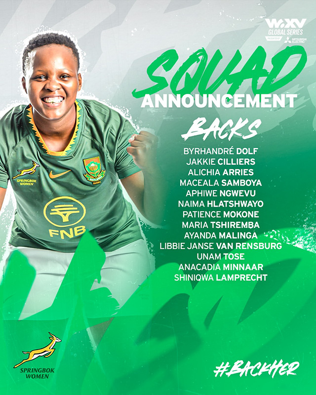 Springbok Women squad announcement graphic in green and white, with a smiling player in the green Springbok Women jersey on the left and the heading Squad Announcement, Backs. The 13 backs named are Byrhandré Dolf, Jakkie Cilliers, Alichia Arries, Maceala Samboya, Aphiwe Ngwevu, Naima Hlatshwayo, Patience Mokone, Maria Tshiremba, Ayanda Malinga, Libbie Janse van Rensburg, Unam Tose, Anacadia Minnaar and Shiniqwa Lamprecht. The Springbok Women emblem appears at the foot of the graphic.
