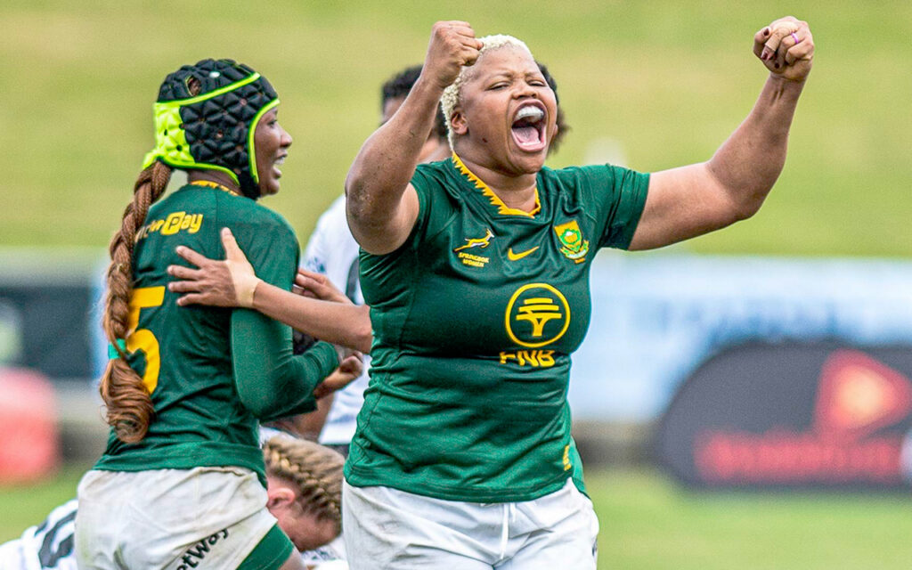 Aseza Hele pictured after scoring a try against Fiji this August. The Springbok Women open their WXV Global Series campaign with a rejigged backline and a single change to the pack, as captain Babalwa Latsha leads a matchday squad blending record-setting experience with players stepping into starting roles for the first time this season, against Wales at the Cardiff Arms Park in Cardiff, Wales on Friday, 18 September 2026. File Photo: SA Rugby / Gallo Images