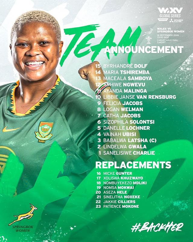 Springbok Women team announcement graphic in green and white, with a smiling player in the green Springbok Women jersey on the left and the heading Team Announcement. The panel notes Wales vs. Springbok Women at the Cardiff Arms Park in Cardiff on 18 September 2026 at 20h15 SAST. The starting XV reads 15 Byrhandré Dolf, 14 Maria Tshiremba, 13 Maceala Samboya, 12 Aphiwe Ngwevu, 11 Ayanda Malinga, 10 Libbie Janse van Rensburg, 9 Felicia Jacobs, 8 Logan Welman, 7 Catha Jacobs, 6 Sizophila Solontsi, 5 Danelle Lochner, 4 Vainah Ubisi, 3 Babalwa Latsha as captain, 2 Lindelwa Gwala and 1 Sanelisiwe Charlie. The replacements are 16 Micke Gunter, 17 Xoliswa Khuzwayo, 18 Nombuyekezo Mdliki, 19 Nomsa Mokwai, 20 Aseza Hele, 21 Sinelitha Noxeke, 22 Jakkie Cilliers and 23 Patience Mokone. The Springbok Women emblem appears at the foot of the graphic.