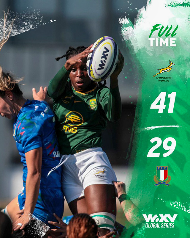 Full-time graphic from the Springbok Women's second WXV Global Series match, headed Full Time and showing Springbok Women 41, Italy 29. The photograph behind the scoreline shows a daytime lineout at the Stadio Omero Tognon, with a Springbok Women jumper in the green and gold home jersey gathering the ball above her head at the top of the lift, an Italy player in blue contesting to her left and team-mates supporting below.