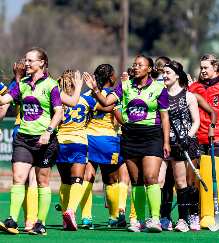 Mpumalanga and KZN Mynahs players shake hands after SA Hockey IPT B Section women's tournament group stage action.