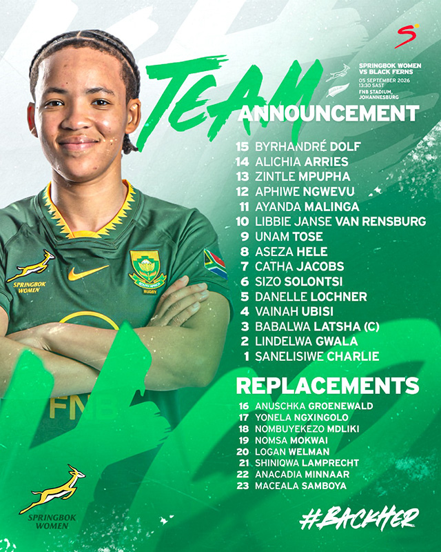 Springbok Women team announcement graphic for the Test against the Black Ferns at FNB Stadium, Johannesburg, on 5 September 2026, kick-off 13h30 SAST. A smiling Springbok Women player in the green and gold jersey stands with arms crossed beside the full team list, and captained by prop Babalwa Latsha, with eight replacements named below and the hashtag BackHer across the foot of the design.