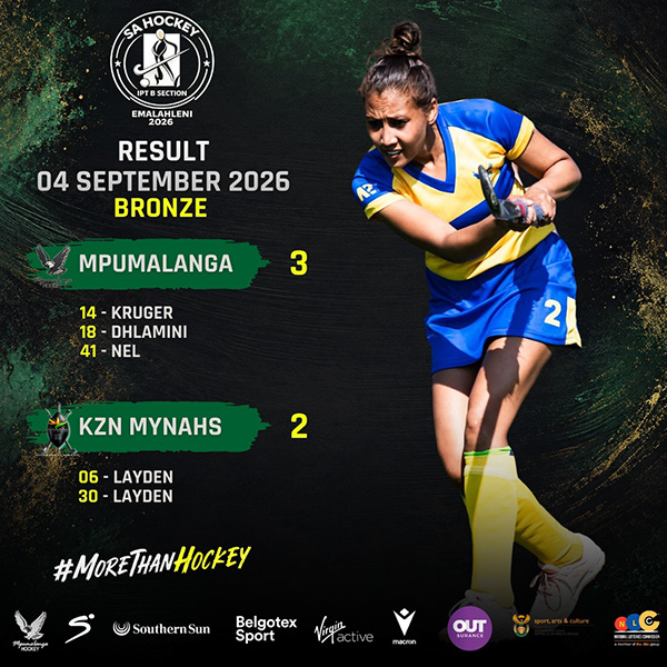 SA Hockey IPT B Section eMalahleni 2026 result graphic showing hosts Mpumalanga's 3-2 bronze medal win over the KZN Mynahs on 4 September 2026, with goals from Kruger, Dhlamini and Nel against a Layden brace, alongside a Mynahs player in blue and yellow reaching for the ball.