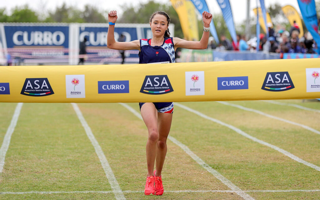 Nicola Jansen won her maiden national senior title in the women's 10km race for Athletics Gauteng North, at the ASA Cross Country Championships at Curro Hazeldean High School in Tshwane, on 5 September 2026. Photo: Athletics SA / Cecilia van Bers