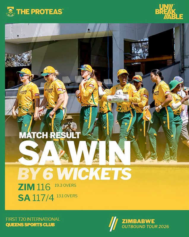Green and gold Cricket South Africa match result graphic reading SA Win by 6 Wickets, with Zimbabwe 116 in 19.3 overs and South Africa 117 for 4 in 13.1 overs, over a photograph of the Proteas Women walking out in yellow shirts and green trousers. The footer reads First T20 International, Queens Sports Club, Zimbabwe Outbound Tour 2026.