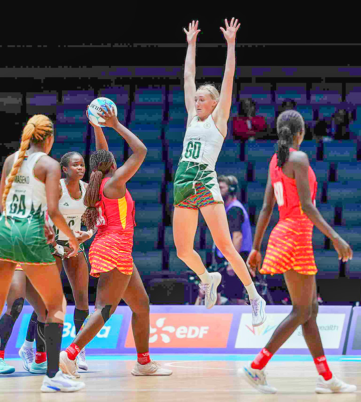Sanmarie Visser flies high during Team South Africa’s match against Uganda at the 2026 Commonweatlh Games Glasgow Photo: Nic Bothma