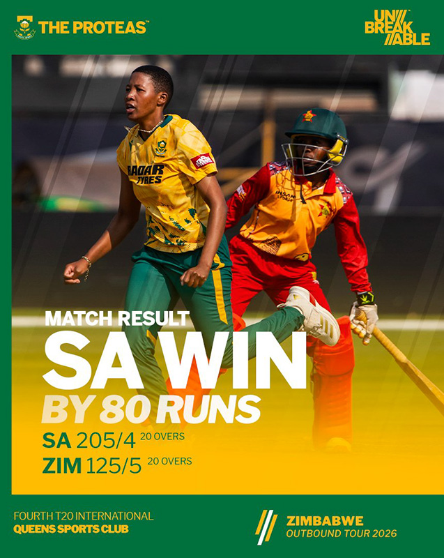 Green and gold Cricket South Africa match result graphic reading SA Win by 80 Runs, with the scores South Africa 205 for 4 and Zimbabwe 125 for 5, each from 20 overs. Behind the text, a photograph shows Ayanda Hlubi in her bowling follow-through in the yellow Proteas shirt and green trousers, with a Zimbabwe batter backing up at the non-striker's end in red playing kit and a green helmet. The Proteas emblem appears top left and the Unbreakable mark top right. The footer reads Fourth T20 International, Queens Sports Club, Zimbabwe Outbound Tour 2026.