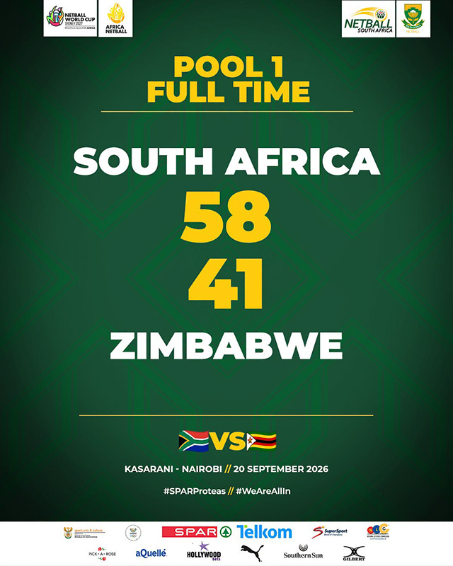 Official Netball South Africa full-time graphic from Pool 1 of the Africa Netball Cup, showing South Africa 58, Zimbabwe 41 in bold yellow numerals on a dark green background, with the South African and Zimbabwean flags, the venue and date line reading Kasarani, Nairobi, 20 September 2026, the Netball World Cup Sydney 2027 Qualifier Africa, Africa Netball, Netball South Africa and SA Netball logos, and a sponsor strip across the foot of the design.