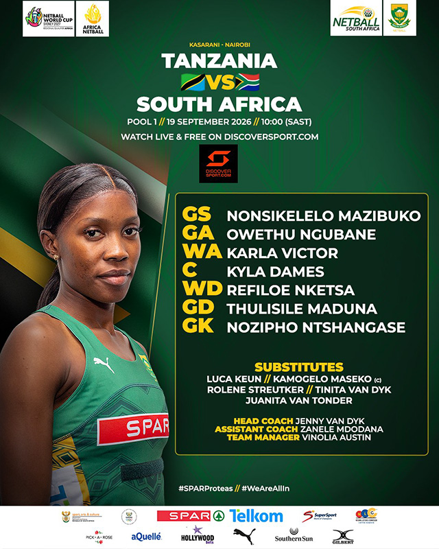 Official Netball South Africa teamsheet graphic for the Pool 1 match between Tanzania and South Africa at Kasarani, Nairobi, on 19 September 2026, starting at 10h00 SAST. A Spar Proteas player in the green Spar playing dress stands beside the team panel. The starting seven lists Nonsikelelo Mazibuko at goal shooter, Owethu Ngubane at goal attack, Karla Victor at wing attack, Kyla Dames at centre, Refiloe Nketsa at wing defence, Thulisile Maduna at goal defence and Nozipho Ntshangase at goalkeeper, with substitutes Luca Keun, captain Kamogelo Maseko, Rolene Streutker, Tinita van Dyk and Juanita van Tonder, head coach Jenny van Dyk, assistant coach Zanele Mdodana and team manager Vinolia Austin, above a sponsor strip.