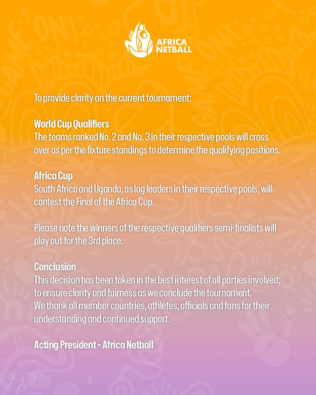 Second page of the official Africa Netball statement on an orange and pink background, setting out that the teams ranked second and third in their pools will cross over to determine the World Cup qualifying positions, that pool leaders South Africa and Uganda will contest the Africa Cup Final, that the winners of the qualifier semi-finals will play for third place, and closing with thanks to member countries, athletes, officials and fans, signed Acting President, Africa Netball.
