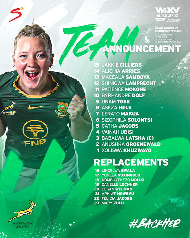 Springbok Women team announcement graphic in green and white, with a smiling player in the green Springbok Women jersey on the left and the heading Team Announcement. The panel notes Spain Women vs Springbok Women at the Estadio Olímpico de la Cartuja in Seville on 4 October 2026 at 12h00 SAST. The starting XV reads 15 Jakkie Cilliers, 14 Alichia Arries, 13 Maceala Samboya, 12 Shiniqwa Lamprecht, 11 Patience Mokone, 10 Byrhandré Dolf, 9 Unam Tose, 8 Aseza Hele, 7 Lerato Makua, 6 Sizophila Solontsi, 5 Catha Jacobs, 4 Vainah Ubisi, 3 Babalwa Latsha as captain, 2 Anushka Groenewald and 1 Xoliswa Khuzwayo. The replacements are 16 Lindelwa Gwala, 17 Yonela Ngxingolo, 18 Nombuyekezo Mdliki, 19 Danelle Lochner, 20 Logan Welman, 21 Aphiwe Ngwevu, 22 Felicia Jacobs and 23 Mary Zulu. The Springbok Women emblem appears at the foot of the graphic.
