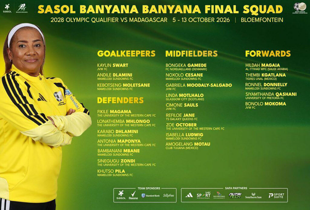 Banyana Banyana head coach Dr Desiree Ellis, in a yellow and black national team tracksuit top with arms folded, stands beside the squad list for the 2028 Olympic Qualifier against Madagascar in Bloemfontein in October 2026, set on a green and gold background. Goalkeepers: Kaylin Swart, Andile Dlamini and Kebotseng Moletsane. Defenders: Fikile Magama, Lonathemba Mhlongo, Karabo Dhlamini, Antonia Maponya, Bambanani Mbane, Sinegugu Zondi and Khutso Pila. Midfielders: Bongeka Gamede, Noxolo Cesane, Gabriela Moodaly-Salgado, Linda Motlhalo, Cimone Sauls, Refiloe Jane, Zoe October, Isabella Ludwig and Amogelang Motau. Forwards: Hildah Magaia, Thembi Kgatlana, Ronnel Donnelly, Siyamthanda Qashani and Bonolo Mokoma.