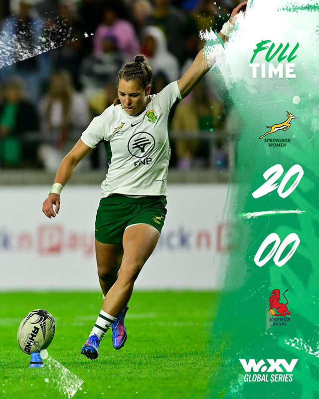 Full-time graphic from the Springbok Women's WXV Global Series match against Spain, headed Full Time and showing Springbok Women 20, Spain 0. The photograph behind the scoreline shows a Springbok Women goal-kicker in the white change kit striking a place kick off the tee under floodlights, with spectators and advertising boards behind her.