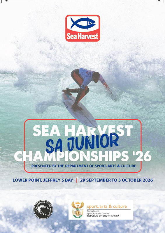 Official event graphic for the Sea Harvest SA Junior Championships 2026, presented by the Department of Sport, Arts and Culture, at Lower Point in Jeffreys Bay from 29 September to 3 October 2026. A junior surfer carves a turn through white spray on a turquoise wave beneath the Sea Harvest logo. The Surfing South Africa and Department of Sport, Arts and Culture logos sit at the foot of the graphic.