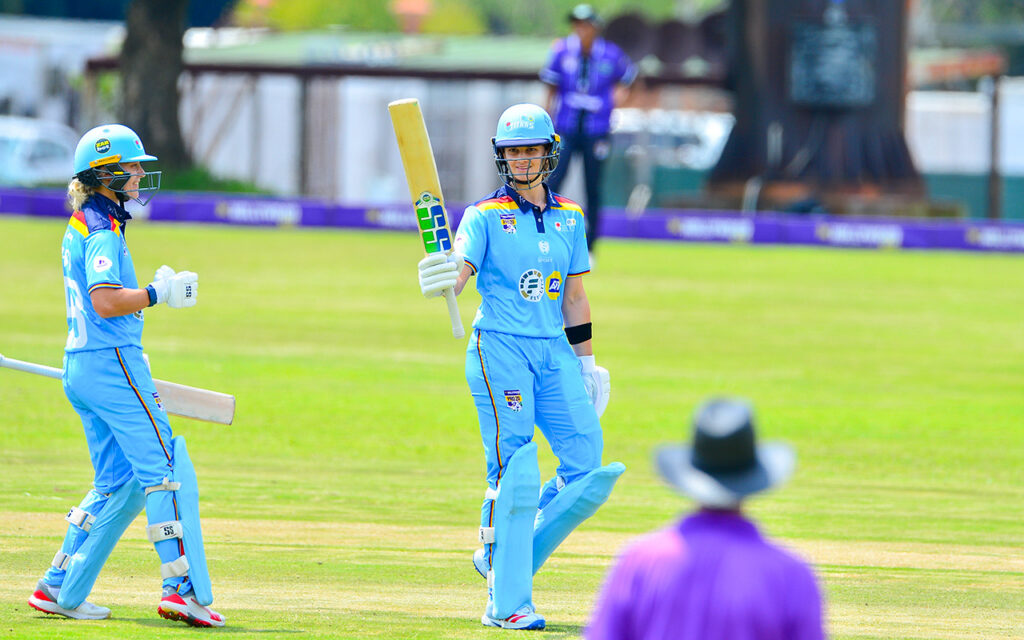 Laura Wolvaardt celebrates her Hollywoodbets Pro20 half-century with skipper Anneke Bosch on her way to 69 off 40 balls, a day after her unbeaten 123 in the Pro50, as the Fidelity Titans completed a weekend double over the Hollywoodbets Dolphins at the TUT Oval in Tshwane on Sunday, 4 October 2026. All Photos: Cricket South Africa