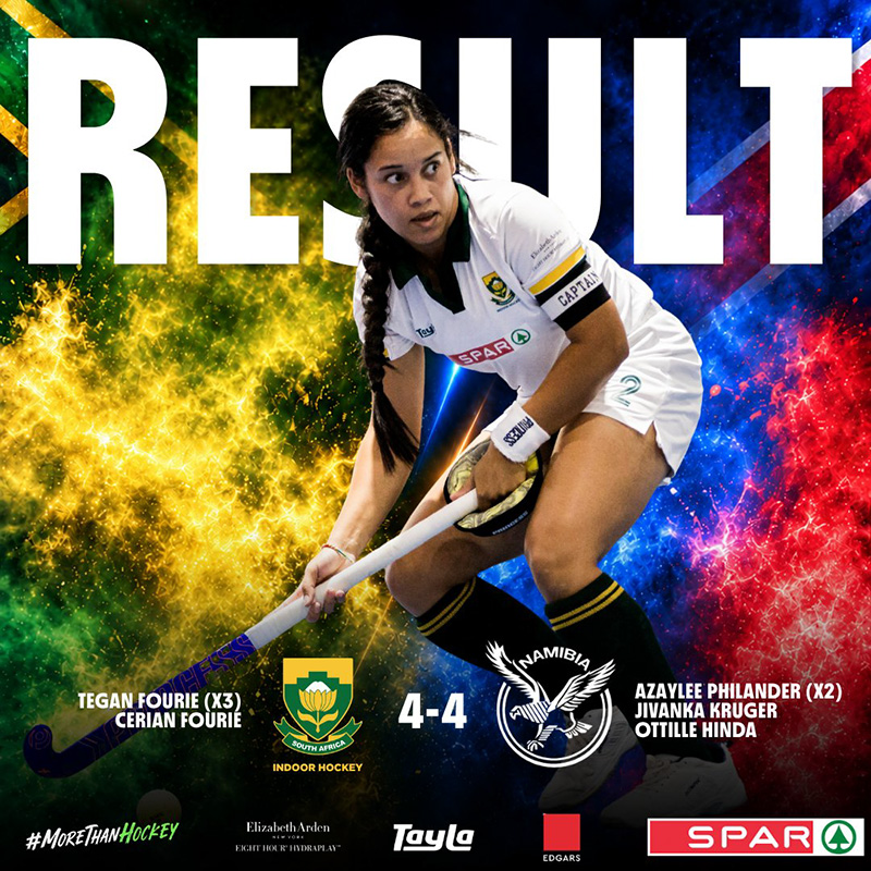 Result graphic for the fifth and final Test between South Africa and Namibia in the women's indoor hockey Test series, which ended in a 4-4 draw. South African captain Jamie Southgate, wearing number 2 in a white playing kit with a captain's armband, her long dark hair in a plait, runs with the ball on her stick. The word RESULT runs across the top in large white letters behind her. The background splits from green and gold smoke on the left, in the colours of the South African flag, to blue and red smoke on the right, in the colours of the Namibian flag. The South African indoor hockey crest and the Namibia hockey crest sit either side of the score, 4-4. The South African scorers, Tegan Fourie with three goals and Cerian Fourie, are listed on the left, and the Namibian scorers, Azaylee Philander with two goals, Jivanka Kruger and Ottilie Hinda, on the right. A row of sponsor logos runs along the footer.