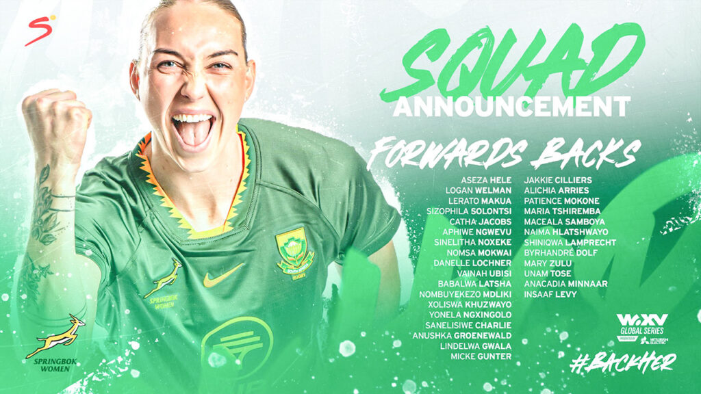 Springbok Women squad announcement graphic for the WXV Global Series Tests against Ireland. A Springbok Women player in the green and gold Test jersey roars and clenches her fist on the left, against a green and white painted background. On the right, under the heading Squad Announcement, the forwards are listed: Aseza Hele, Logan Welman, Lerato Makua, Sizophila Solontsi, Catha Jacobs, Aphiwe Ngwevu, Sinelitha Noxeke, Nomsa Mokwai, Danelle Lochner, Vainah Ubisi, Babalwa Latsha, Nombuyekezo Mdliki, Xoliswa Khuzwayo, Yonela Ngxingolo, Sanelisiwe Charlie, Anushka Groenewald, Lindelwa Gwala and Micke Gunter. The backs are listed: Jakkie Cilliers, Alichia Arries, Patience Mokone, Maria Tshiremba, Maceala Samboya, Naima Hlatshwayo, Shiniqwa Lamprecht, Byrhandré Dolf, Mary Zulu, Unam Tose, Anacadia Minnaar and Insaaf Levy. The Springbok Women, SuperSport and WXV Global Series logos appear with the Back Her campaign tag.