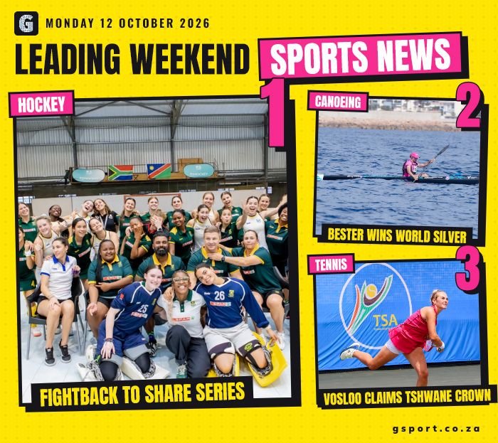A yellow gsport graphic headed “Leading Weekend Sports News”, dated Monday 12 October 2026, with three numbered stories. Story 1, hockey: a South African hockey squad in green and gold poses for a group photo with players in blue and white inside an indoor arena, with the South African and Namibian flags on a banner behind them. The caption reads “Fightback to Share Series”. Story 2, canoeing: a paddler in pink races a kayak across open water, captioned “Bester Wins World Silver”. Story 3, tennis: a player in pink serves on a blue court in front of a Tennis South Africa logo, captioned “Vosloo Claims Tshwane Crown”. The gsport logo sits top left and gsport.co.za bottom right. Click to view the video on YouTube