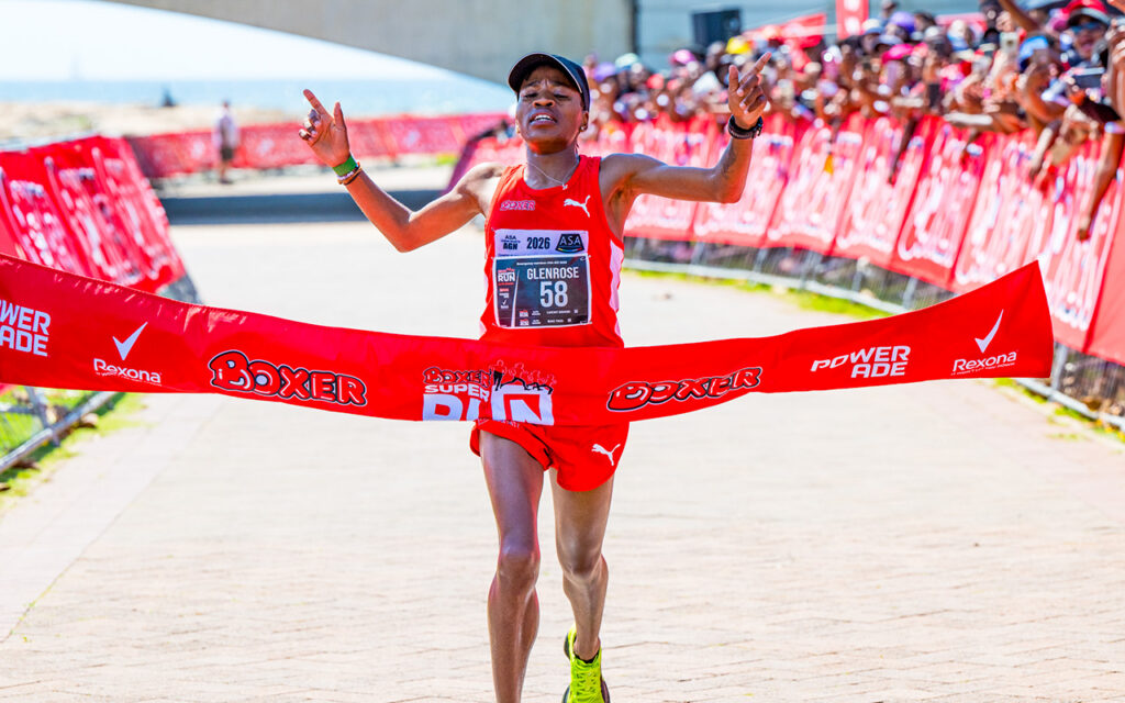 Glenrose Xaba won the elite women's race at the 2026 Boxer Super Run Durban, completing the 5km road race in 15:29 ahead of Boxer AC teammates Karabo More and Kyla Jacobs, who completed the podium. Boxer AC athletes took the top four places in the invitational elite women's wave in Durban on Sunday, 18 October 2026. Photo: Supplied
