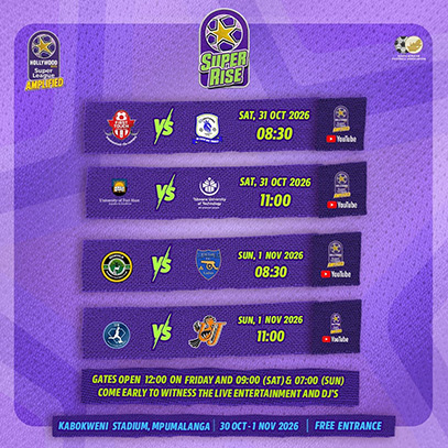 SUPER RISE STREAM FIXTURES Hollywoodbets Super League Amplified graphic from the South African Football Association announcing the Super Rise Stream fixtures for the festival at the Kabokweni Stadium in Mpumalanga from 30 October to 1 November 2026. Four fixtures are listed, each showing both club crests, the date and kick-off time, with a Hollywoodbets Super League Amplified YouTube logo. Saturday, 31 October 2026 at 8h30: First Touch Ladies vs. Ramatlaohle Ladies. Saturday, 31 October 2026 at 11h00: University of Fort Hare vs. Tshwane University of Technology. Sunday, 1 November 2026 at 8h30: Ezemvelo Women’s FC vs. City Lads Ladies. Sunday, 1 November 2026 at 11h00: JVW FC vs. University of Johannesburg. A banner below the fixtures reads: gates open at 12h00 on Friday, 9h00 on Saturday and 7h00 on Sunday; come early to witness the live entertainment and DJs. The footer gives the venue, Kabokweni Stadium, Mpumalanga, the dates 30 October to 1 November 2026 and free entrance.