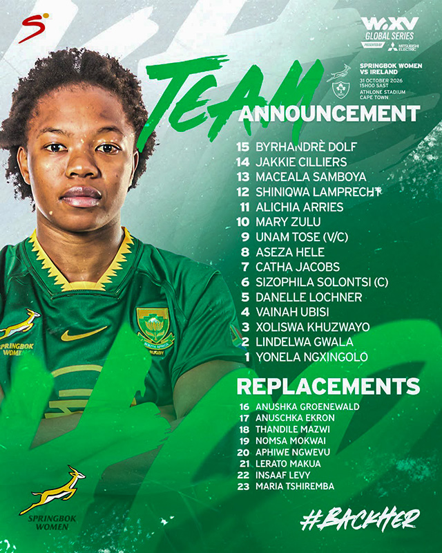 Springbok Women team announcement graphic for the WXV Global Series Test against Ireland on 31 October 2026 at 15h00 SAST at the Athlone Stadium in Cape Town. A Springbok Women player in the green jersey with gold collar trim stands with arms folded against a green and white brushstroke background. The starting team reads: 15 Byrhandré Dolf, 14 Jakkie Cilliers, 13 Maceala Samboya, 12 Shiniqwa Lamprecht, 11 Alichia Arries, 10 Mary Zulu, 9 Unam Tose (vice-captain), 8 Aseza Hele, 7 Catha Jacobs, 6 Sizophila Solontsi (captain), 5 Danelle Lochner, 4 Vainah Ubisi, 3 Xoliswa Khuzwayo, 2 Lindelwa Gwala, 1 Yonela Ngxingolo. Replacements: 16 Anushka Groenewald, 17 Anuschka Ekron, 18 Thandile Mazwi, 19 Nomsa Mokwai, 20 Aphiwe Ngwevu, 21 Lerato Makua, 22 Insaaf Levy, 23 Maria Tshiremba. The Springbok Women emblem sits at the bottom left, with the SuperSport, WXV Global Series and Mitsubishi Electric logos across the top.